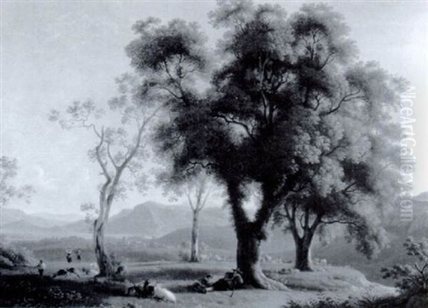 Pastoral Landscape With A Goat Herder Resting With Flock - view 1