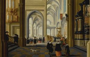An Imaginary Church Interior With A Staircase, An Organ, A Tomb, And Elegant Figures, With A Dog In The Foreground