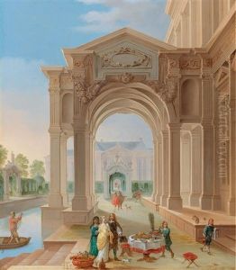 A Palace Courtyard With Elegant Figures by Dirck Van Delen