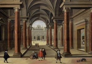 A Courtyard Of A Palace With Elegant Figures, A Couple Brawling In The Foreground A Courtyard Of A Palace With Elegant Figures, A Couple Brawling In The Foreground