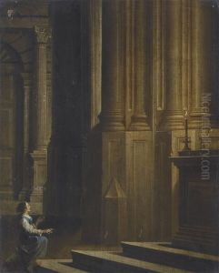 Lady Kneeling Before An Altar In A Candlelit Church Interior Lady Kneeling Before An Altar In A Candlelit Church Interior