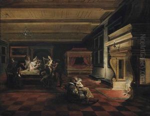 An Interior With Elegantly Dressed Figures Playing Cards And Making Music, Others Reading By A Fireplace by Dirck Van Delen