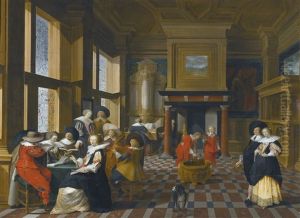 An Interior Scene With Elegant Figures Playing Music by Dirck Van Delen