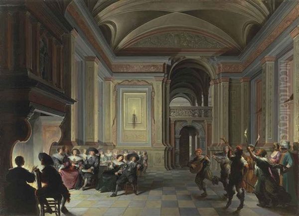A Palatial Interior With Figures Dining And Carnival Revellers - view 1