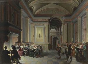 A Palatial Interior With Figures Dining And Carnival Revellers by Dirck Van Delen