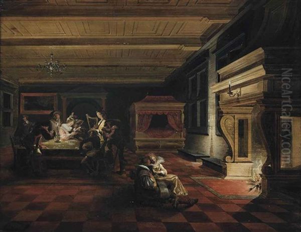 Elegantly Dressed Figures Playing Cards And Making Music, Others Reading In Front Of A Fireplace, In An Interior With A Canopy Bed - view 1