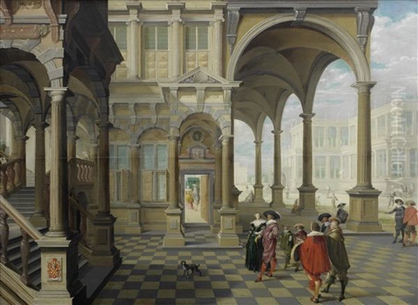 A Noble Family And Its Entourage In A Palace Courtyard, A Group Of Men Playing A Ball Game Beyond - view 1