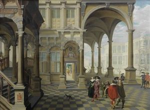 A Noble Family And Its Entourage In A Palace Courtyard, A Group Of Men Playing A Ball Game Beyond by Dirck Van Delen