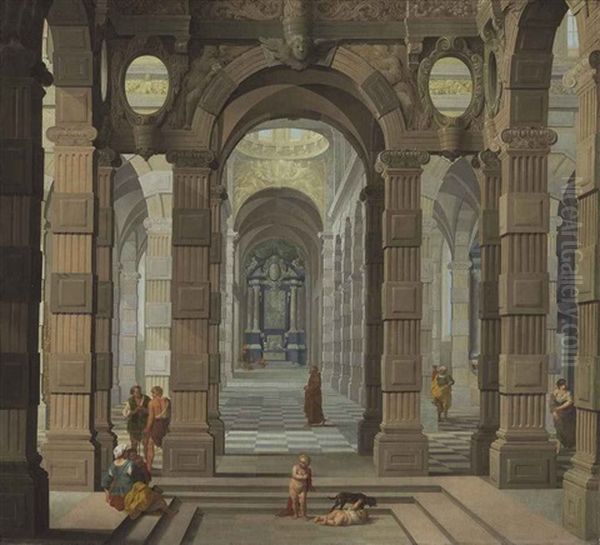 Interior Of A Baroque Church With A Friar And Peasants - view 1