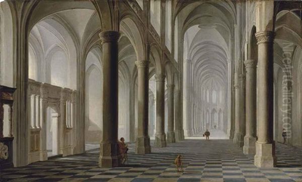 The Interior Of A Gothic Church With Elegant Figures, A Hound In The Foreground - view 1
