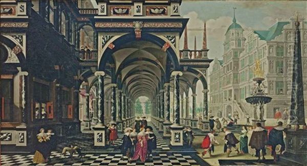 A Palace Arcade With Numerous Elegant Figures Conversing And Playing Games - view 1