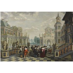 An Elaborate Palace Courtyard With Elegant Company Proceeding Towards A Great Staircase, With Four Sculpted Philosophers On Pedestals Behind Them by Dirck Van Delen