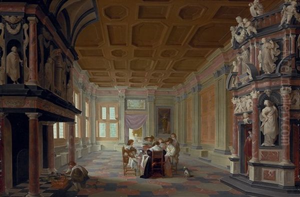 An Elegant Company Dining In A Richly Decorated Palace Interior by Dirck Van Delen