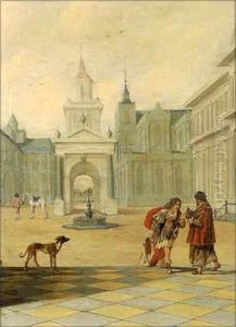 Personnages Discutant Dans La Cour D'un Palais