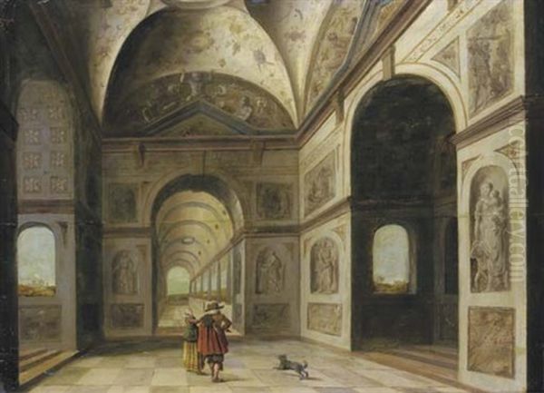 An Elegant Couple Conversing In A Loggia Decorated With Grotesques - view 1