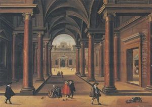 Architectural Capriccio With Figures Fighting by Dirck Van Delen