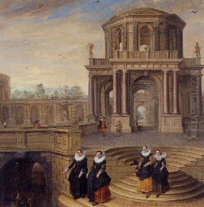 A Capriccio Of A Baroque Palace With Elegant Figures by Dirck Van Delen