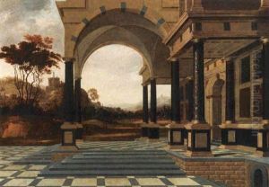 An Architectural Capriccio Of A Portico, With An Extensive Italianate Landscape Beyond