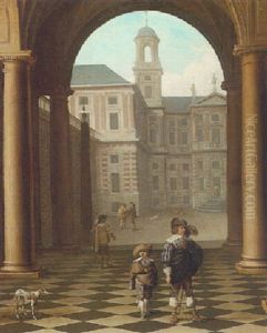 An Architectural Capriccio Of A Courtyard Of An Elegant Palace, A Man And His Son Walking In A Paved Arcade by Dirck Van Delen