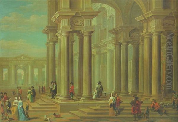 Capriccio Of A Classical Forecourt With Elegant Company Promenading - view 1