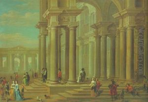 Capriccio Of A Classical Forecourt With Elegant Company Promenading