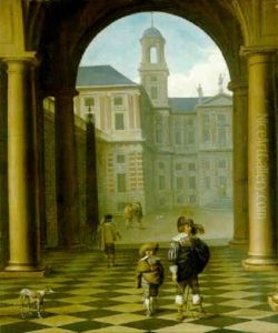The Courtyard Of A Classical Palace With Elegant Figures And Greyhounds