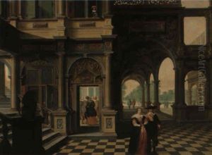 The Courtyard And Gardens Of A Palace With Figures Promenading... by Dirck Van Delen