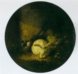 A Stable Interior With A Bunny, A Chick And Vegetables by Auguste Joseph Delessard