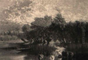 Kuhe An Einer Furt Mit Knuppelweiden by Auguste Joseph Delessard