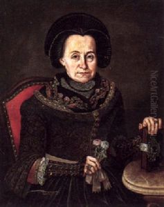 Portrait Of Anna Maria Gaigl, Aged 64, Wearing Black, Holding A Red And White Rose by Johann Georg Delfer