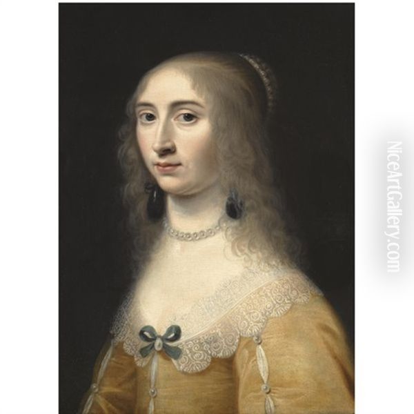 Portrait Of A Lady, Head And Shoulders, Wearing A Yellow Dress And A Pearl Necklace And Headdress - view 1