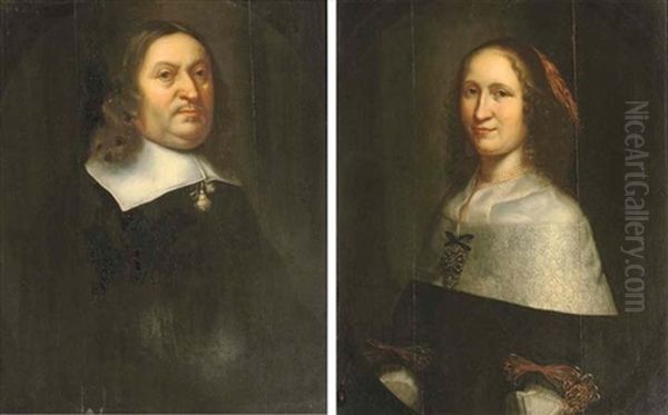 Portrait Of A Gentleman In A Black Costume With White Collar (+ Portrait Of A Lady In A Black Dress With Ribbons, A Lace Collar With A Brooch And A Pearl Necklace; Pair) - view 1