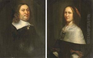 Portrait Of A Gentleman In A Black Costume With White Collar (+ Portrait Of A Lady In A Black Dress With Ribbons, A Lace Collar With A Brooch And A Pearl Necklace; Pair) by Jacob Willemsz Delff the Younger