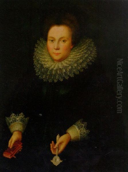 Portrait Of A Lady In A Black Embroidered Dress With White Lace Sleeves And Ruff, Holding A Missal And A Handscreen - view 1