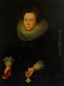 Portrait Of A Lady In A Black Embroidered Dress With White Lace Sleeves And Ruff, Holding A Missal And A Handscreen by Jacob Willemsz Delff the Younger