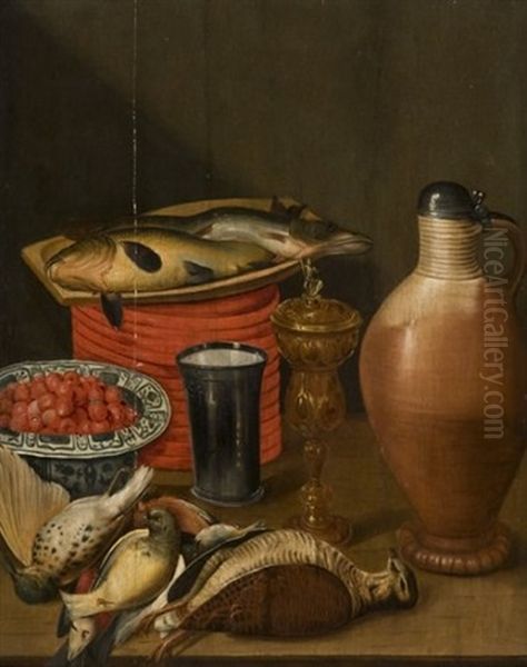 Nature Morte Au Pichet De Gres, Coupe De Fraises Et Oiseaux, Becasses, Grive, Pinson - view 1