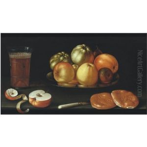 Still Life With Apples And Other Fruit On A Tazza, Together With A Glass Of Beer, A Partly Peeled Apple, A Knife And Two Bread Rolls by Cornelis Jacobsz Delff