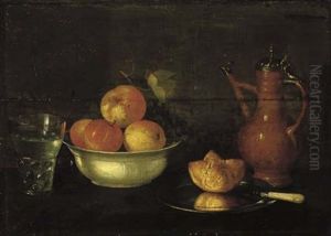 Apples And Grapes In A Porcelain Bowl, A Bread Roll On A Pewter Plate, A Glass Of Water And A Jug by Cornelis Jacobsz Delff