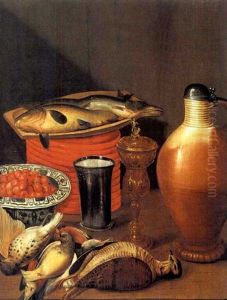 Nature Morte Au Pichet De Gres, Coipe De Fraises Et Oiseaux