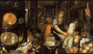 A Kitchen Still Life With Hares, Fowl, Bread And Fruit On A Table, Cheeses On A Plate On A Stool, Fish, Cabbages, Carrots And Other Vegetables, Copper Pans And Other Utensils