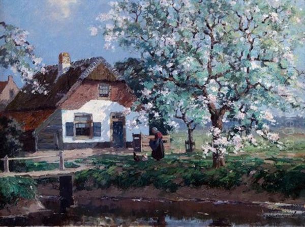 Blossoming Trees In Front Of A House With Woman And Chickens - view 1