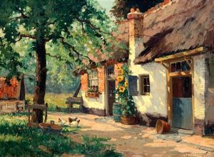 Zonnebloemen En Kippen Op Boerenerfje by Gerard Delfgaauw