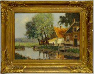 Cottages And Woodland By A Canal by Gerard Delfgaauw