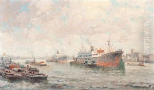 A View Of The Rotterdam Harbour by Gerard Delfgaauw