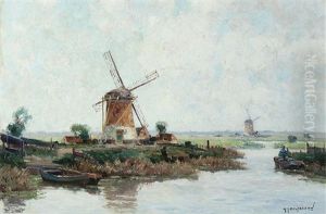 Mills In A Polder Landscape by Gerard Delfgaauw