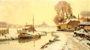 Snow-covered Landscape With A Farm Bordering A Ditch, A Church On The Horizon