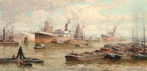 Ships In The Rotterdam Harbour by Gerard Delfgaauw