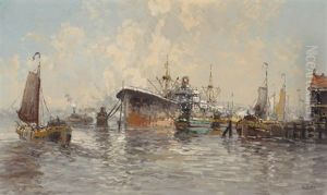 Ships In The Rotterdam Harbour by Gerard Delfgaauw