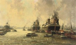 Steamers Arriving At The Port Of Rotterdam by Gerard Delfgaauw