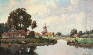 Hollandische Landschaft Mit Windmuhle Und Kanal